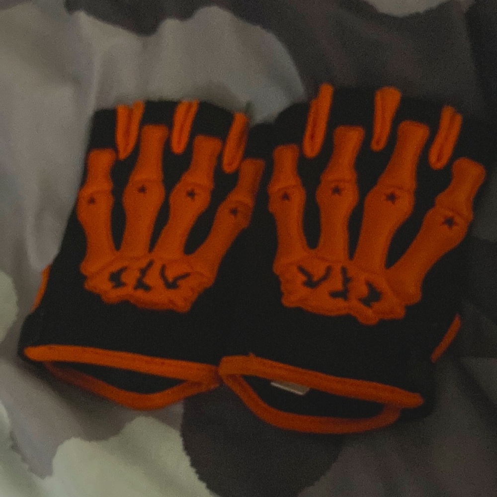 Black and orange skeleton biker gloves